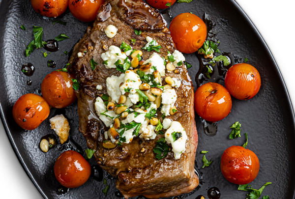 Broiled Steak & Tomatoes with Feta Balsamic